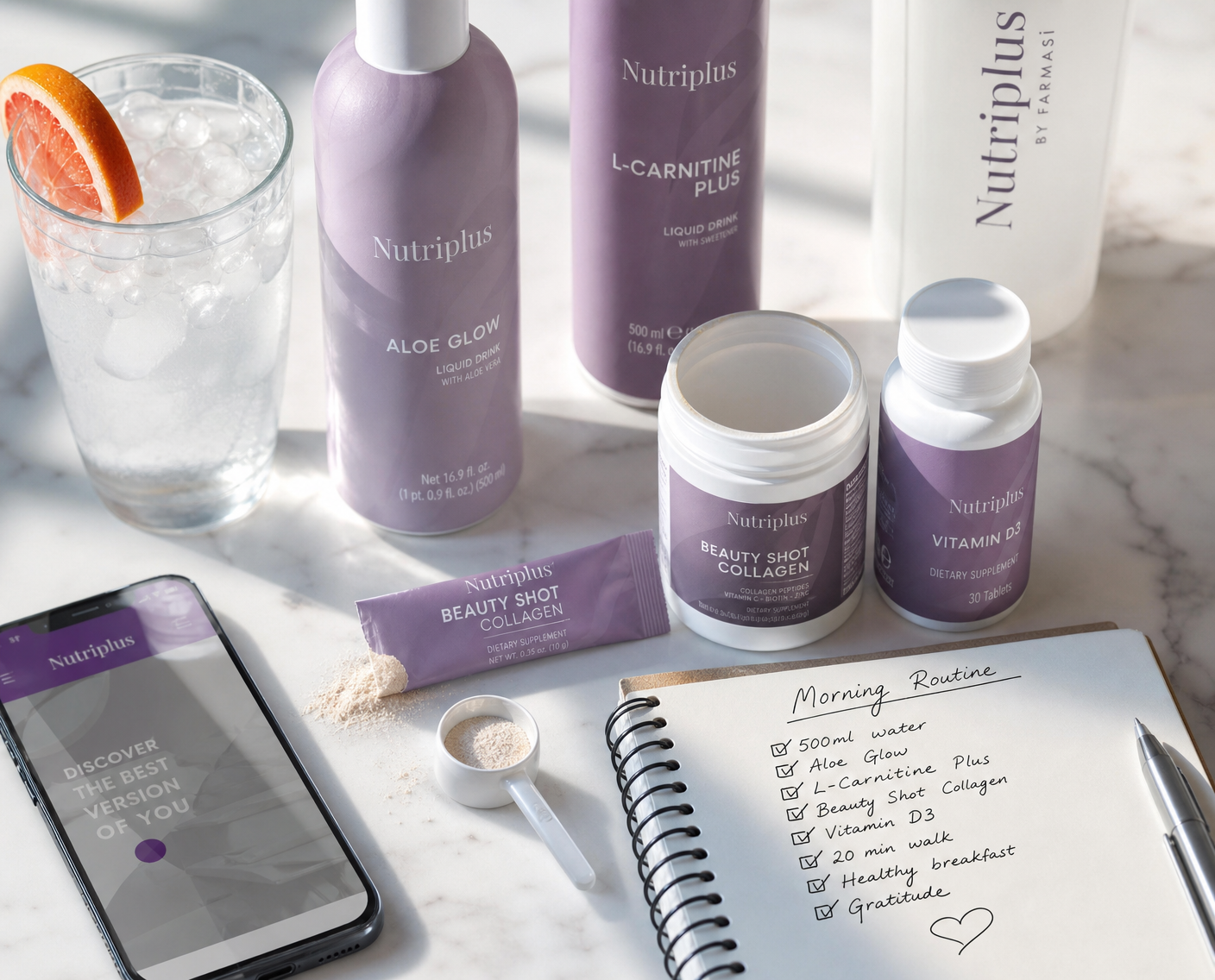 Nutriplus by Farmasi Aloe Glow, L-Carnitine Plus, Beauty Shot Collagen and Vitamin D3