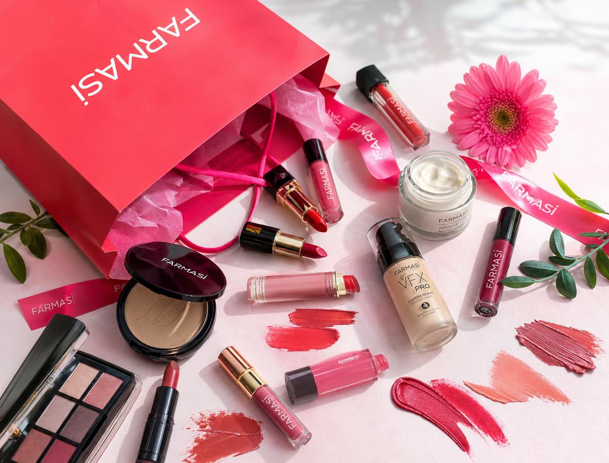 Bright pink FARMASI shopping bag with colorful lipsticks, glosses, foundation and skincare spilling out across a blush background