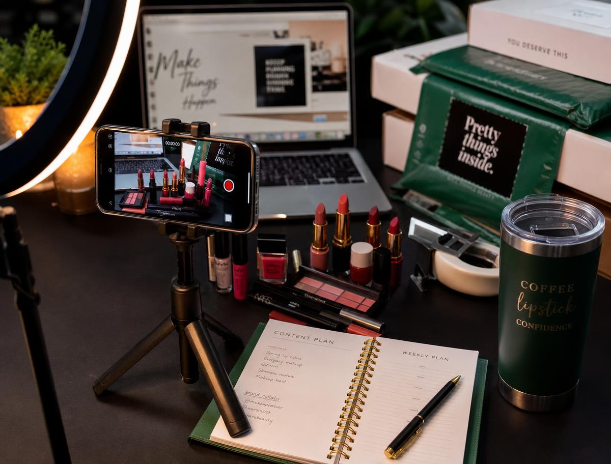 Beauty creator workspace mid-shoot with phone on a tripod filming lipsticks, ring light, laptop, shipping mailers and a content plan notebook