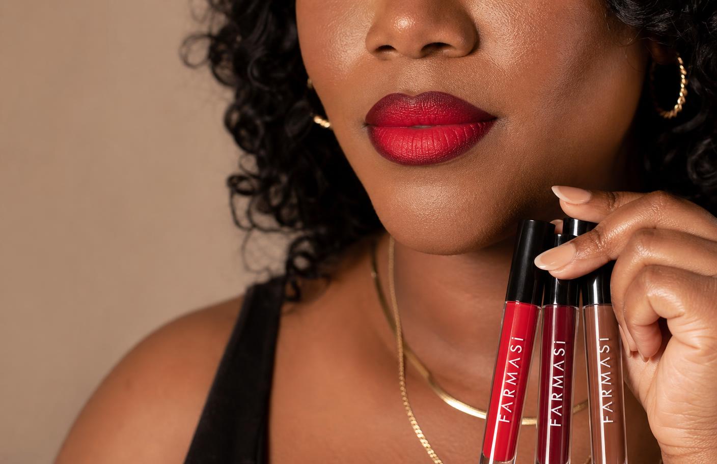 Christie Francis signature lip combination — FARMASI Red Love, Super Star and Money Maker Matte Liquid Lipsticks